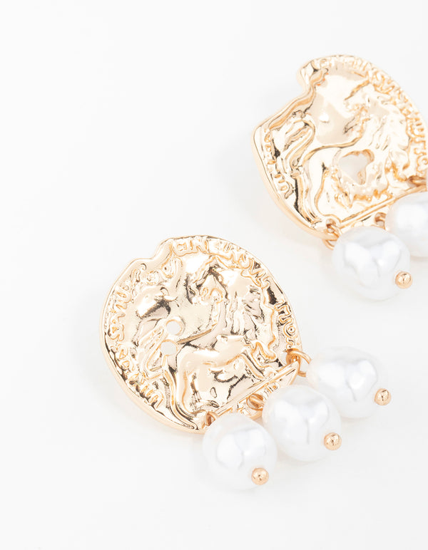 Gold Hammered Coin & Pearl Drop Earrings