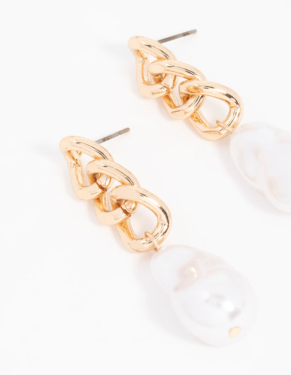Gold Chain & Pearl Drop Earrings