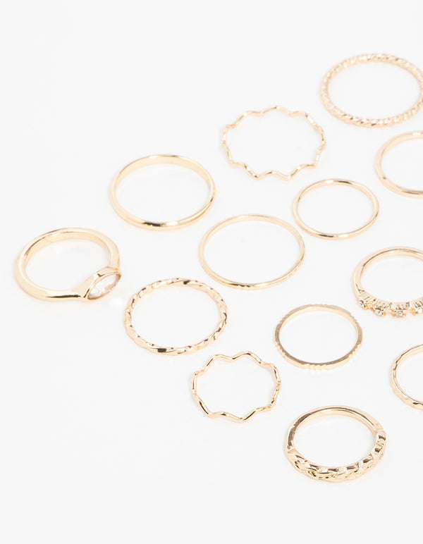 Gold Twisted & Diamante Rings 22-Pack