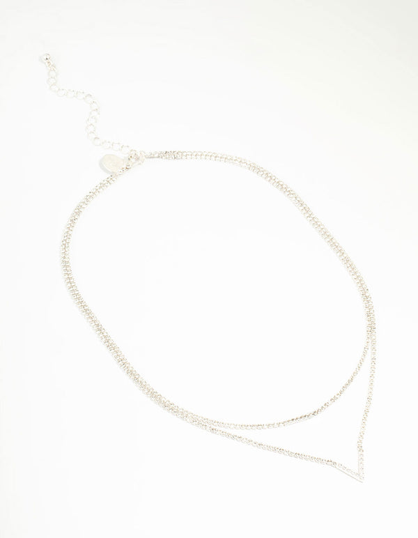 Silver Plated Cubic Zirconia Layered V Necklace