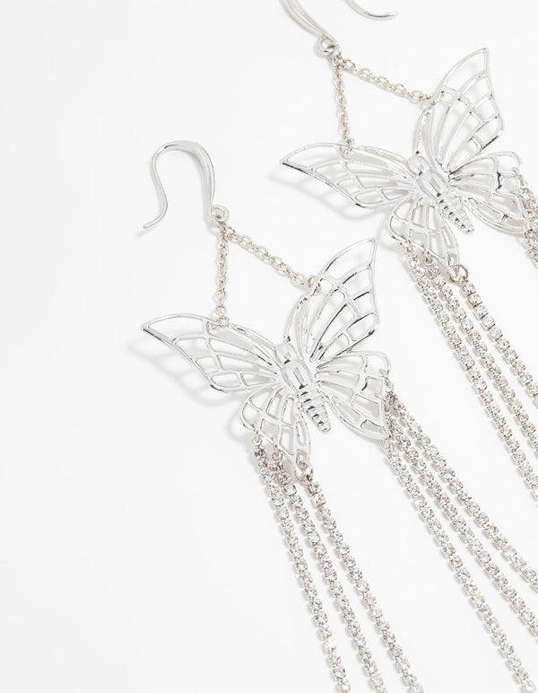 Silver Butterfly Cupchain Drop Earrings