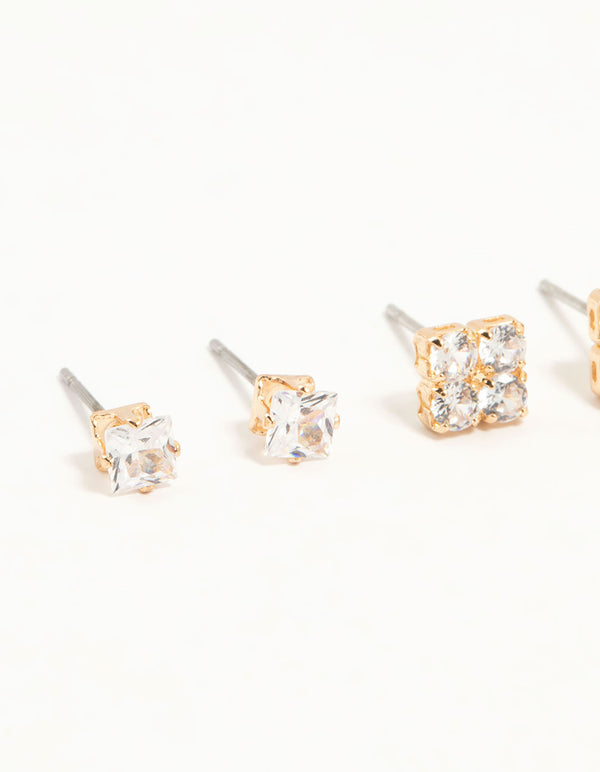 Gold Cubic Zirconia Stud Earrings 3-Pack