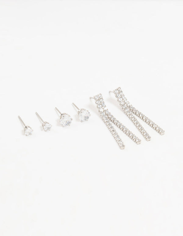 Silver Cubic Zirconia Stud Earrings 3-Pack