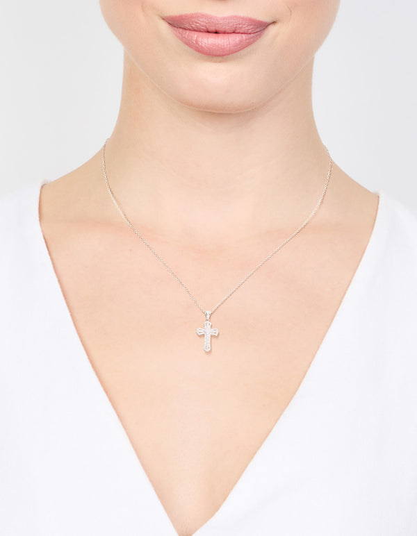 Silver Plated Mini Radiant Cubic Zirconia Cross Necklace