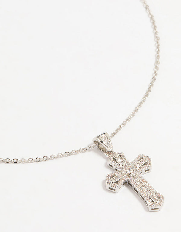 Silver Plated Mini Radiant Cubic Zirconia Cross Necklace