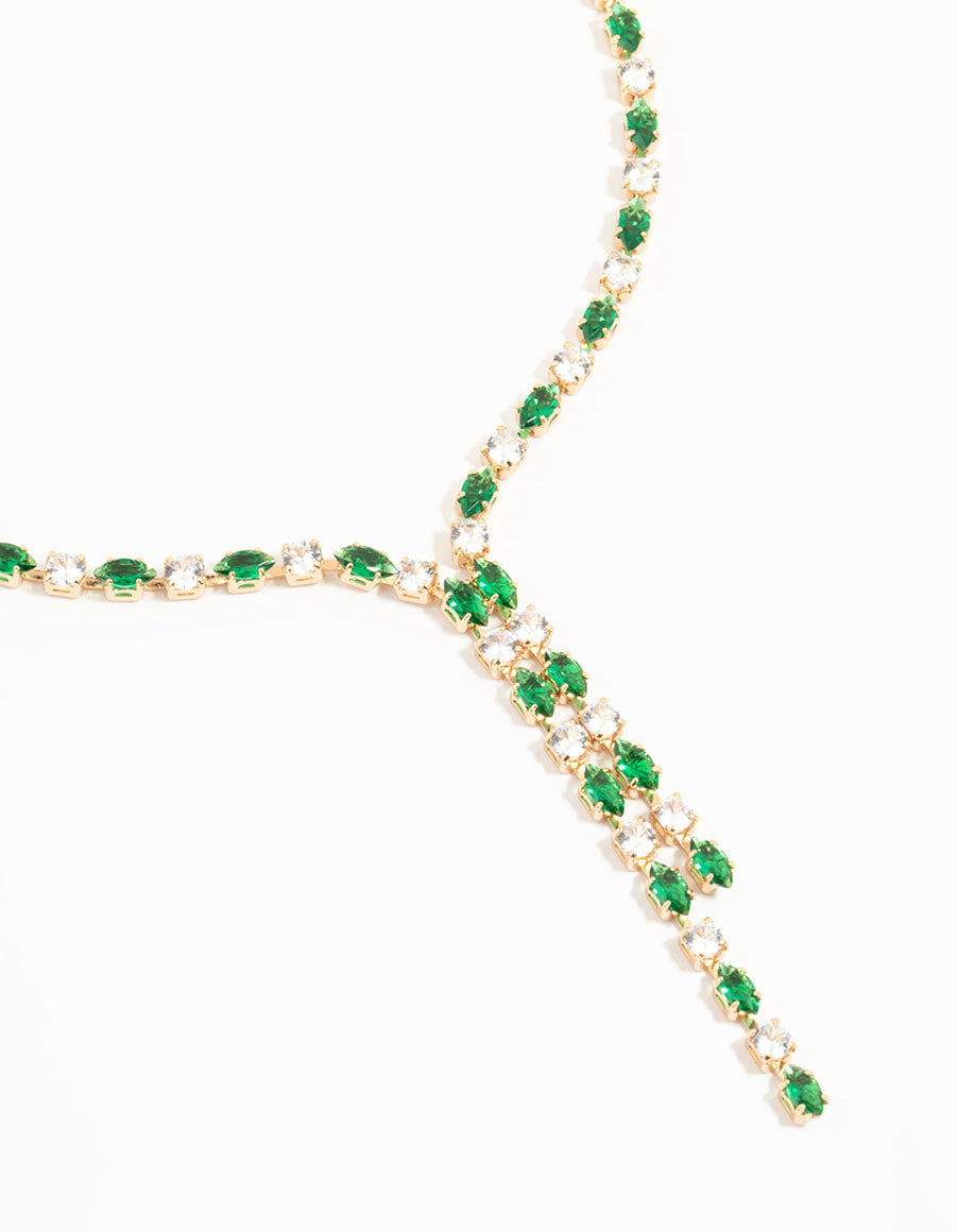 Gold Green Cubic Zirconia Marquise Layered Y-Necklace