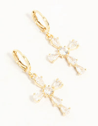 Gold Cubic Zirconia Cross Huggie Earrings - link has visual effect only