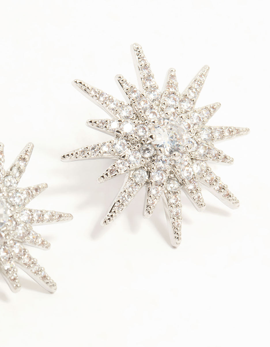 Silver Cubic Zirconia Spiky Star Stud Earrings