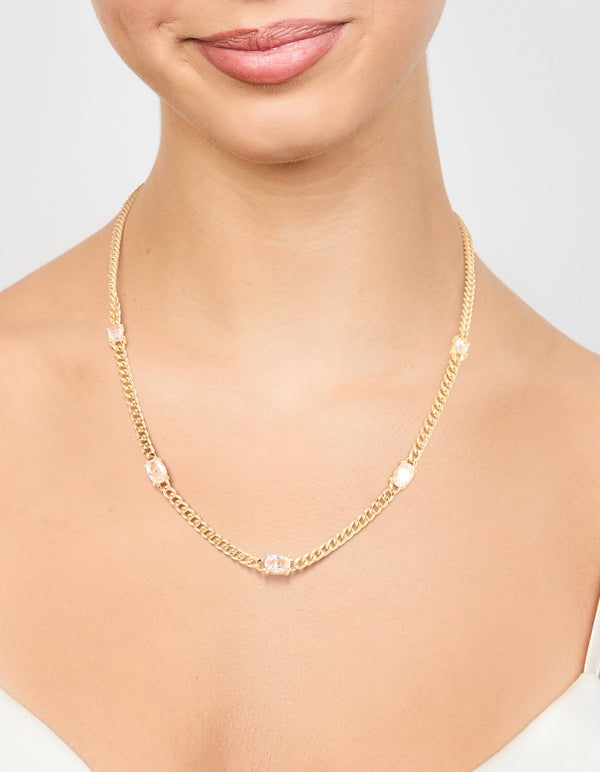 Gold Cubic Zirconia Chain Oval Stone Necklace