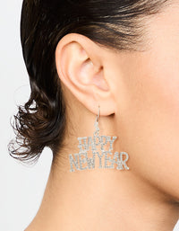 Silver Happy New Year Diamante Drop Earrings - link has visual effect only