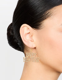 Gold Diamante Happy New Year Drop Earrings - link has visual effect only