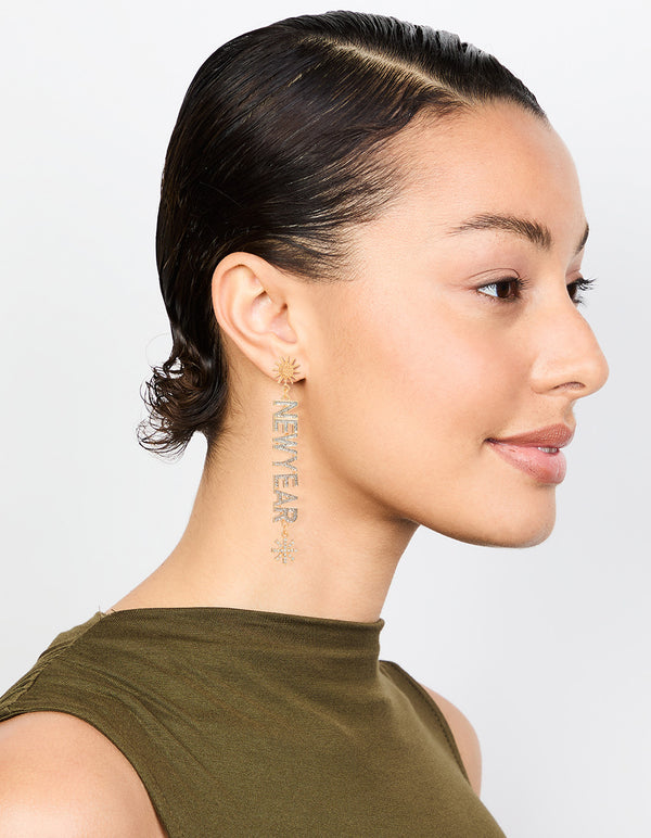 Gold Happy New Year's Eve Diamante Drop Earrings