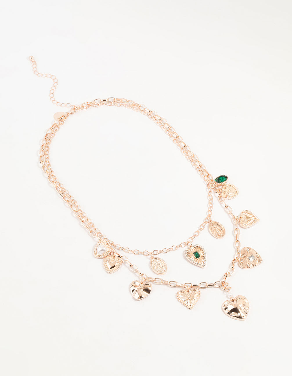 Rose Gold Heart & Green Diamante Charm Layered Necklace