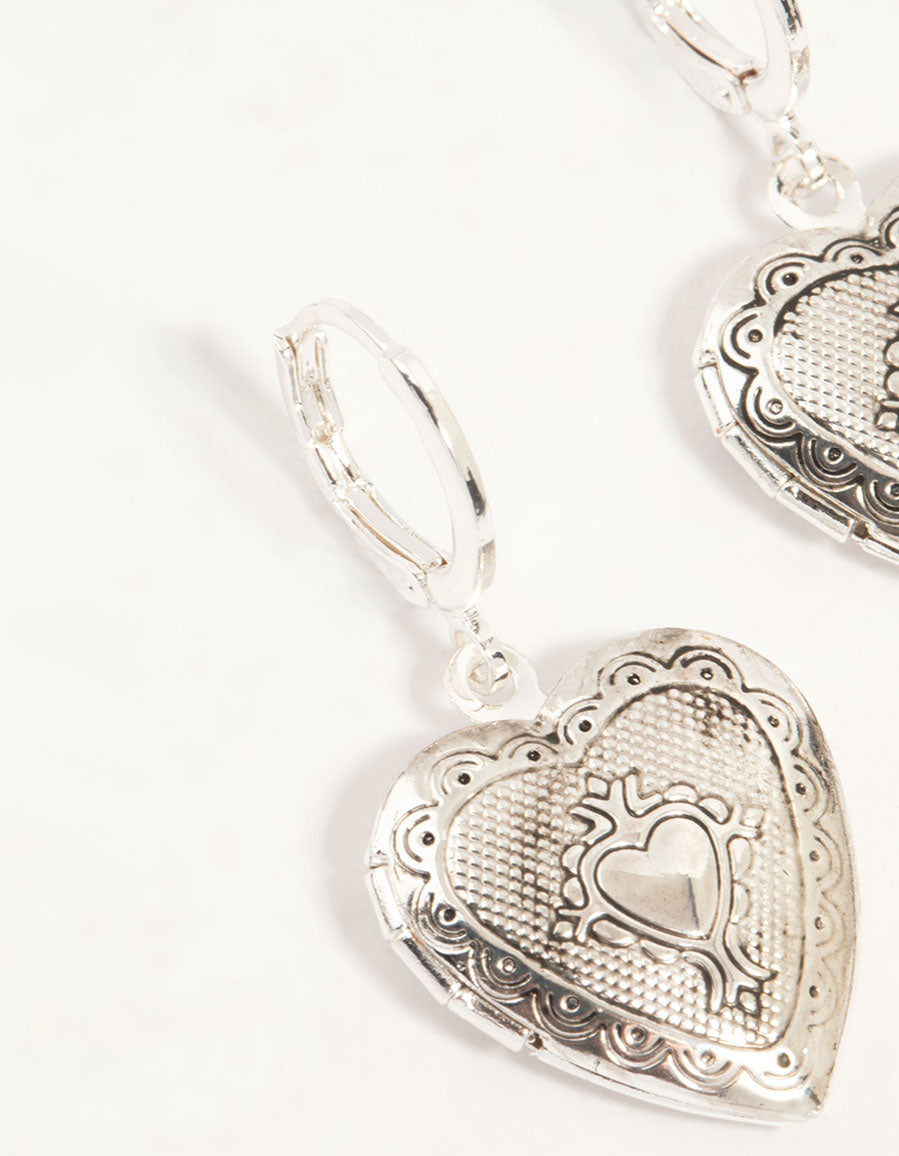 Antique Silver Heart Locket Drop Earrings