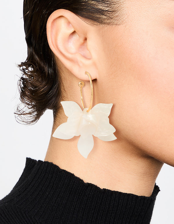 Rose Gold White Marble Flower Hoop Earrings