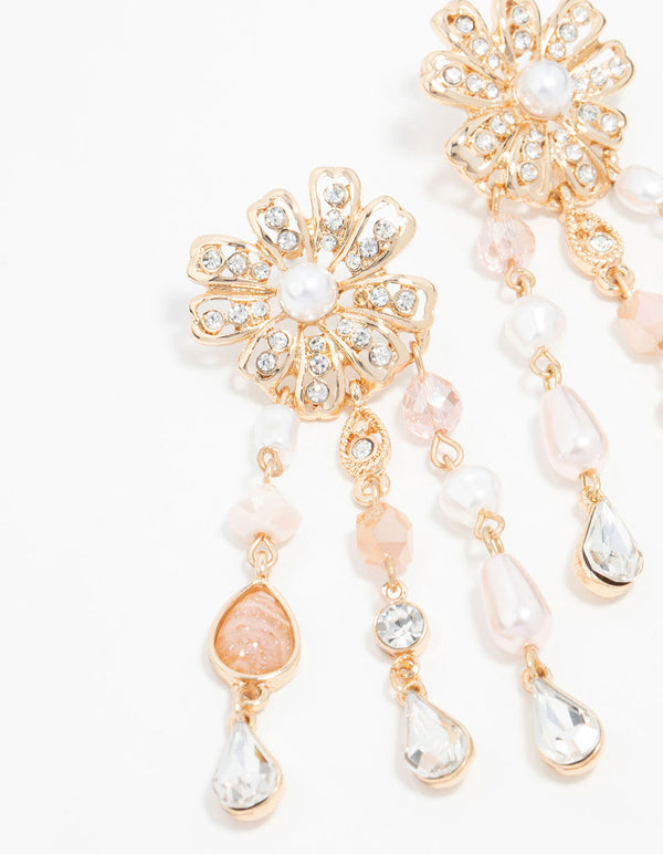 Rose Gold Bead & Pearl Floral Drop Earrings