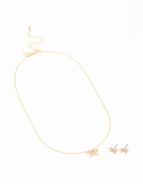 Gold Bow Diamante Necklace & Earrings Set