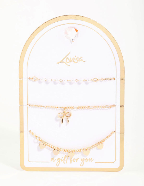 Gold Diamante Pearl Bow & Heart Bracelets 3-Pack