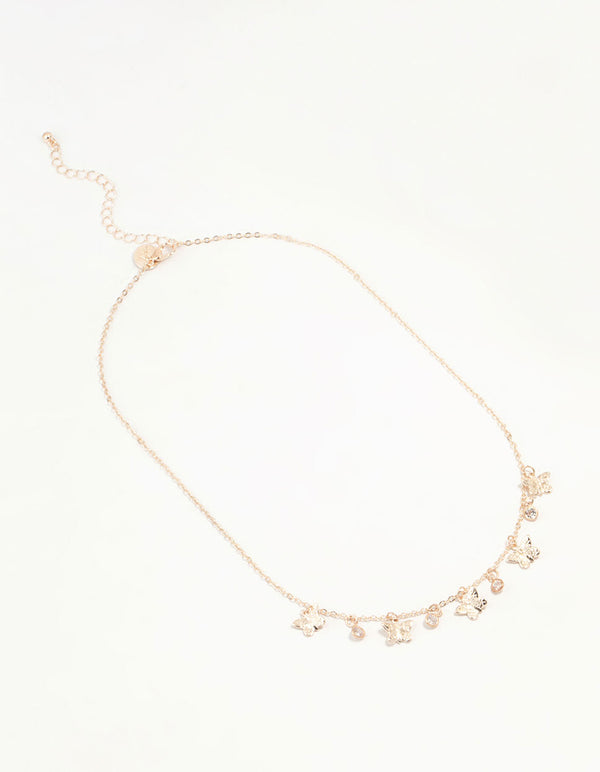 Gold Diamante Butterfly Drop Charm Necklace