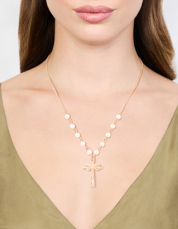 Gold Pearl Cross Diamante Pendant Necklace