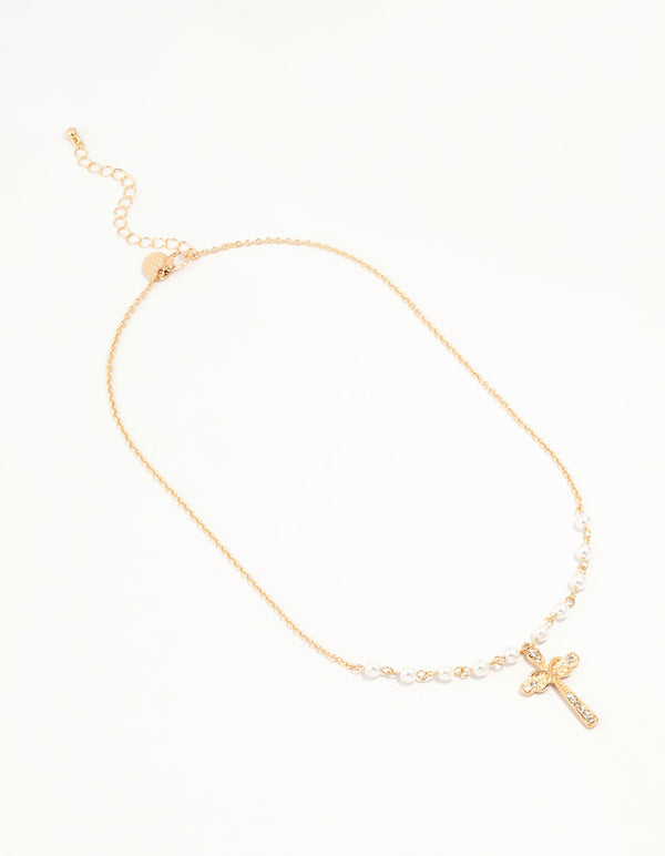 Gold Pearl Cross Diamante Pendant Necklace