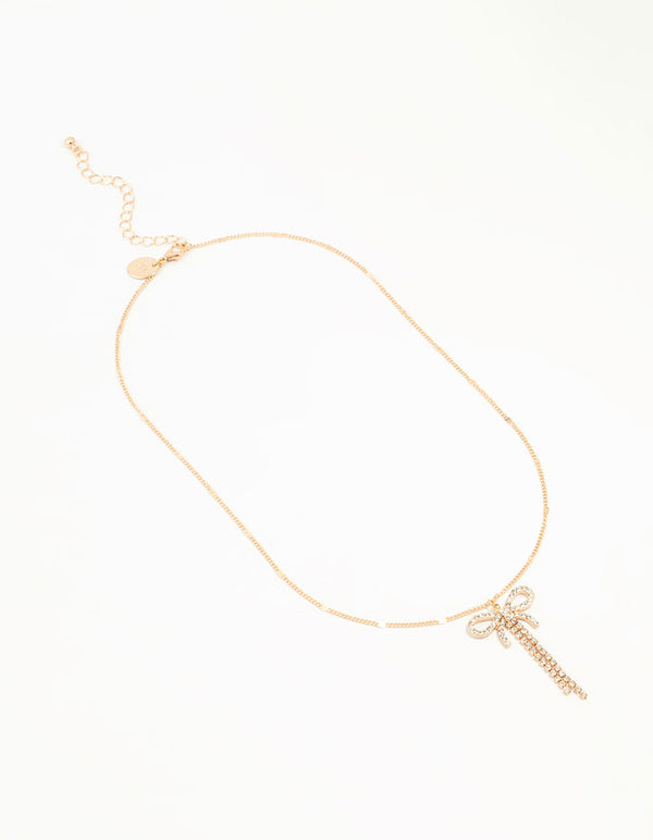 Gold Diamante Bow Drop Necklace