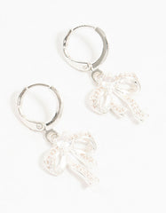 Silver Cubic Zirconia Huggie Bow Drop Earrings