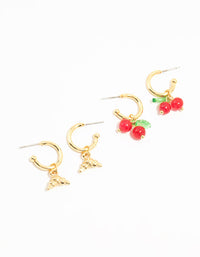 Gold Plated Cherry & Croissant Hoop Earrings 2-Pack - link has visual effect only