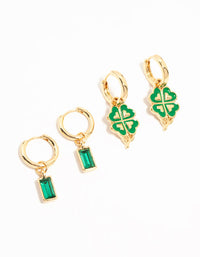 Gold Plated Shamrock & Green Diamante Huggie Earrings 2-Pack - link has visual effect only