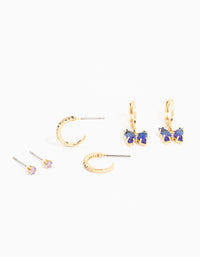 Gold Plated Blue Cubic Zirconia Butterfly Earrings 3-Pack - link has visual effect only