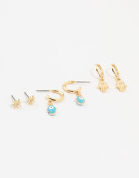 Gold Plated Hamsa Hand & Evil Eye Earrings 3-Pack - link has visual effect only
