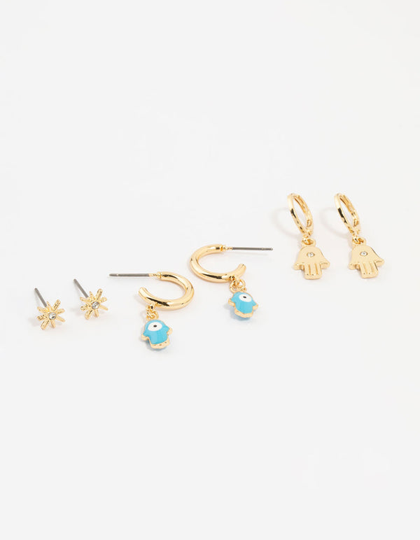 Gold Plated Hamsa Hand & Evil Eye Earrings 3-Pack