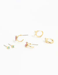Gold Plated Multicoloured Cubic Zirconia Bow & Heart Earrings 3-Pack - link has visual effect only