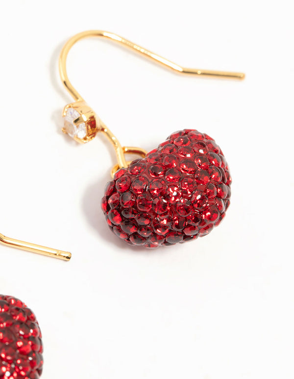 Gold Plated Red Diamante Puffy Heart Drop Earrings