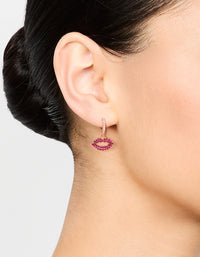 Gold Plated Pink Diamante Lips Huggie Earrings - link has visual effect only