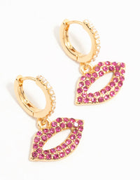 Gold Plated Pink Diamante Lips Huggie Earrings - link has visual effect only