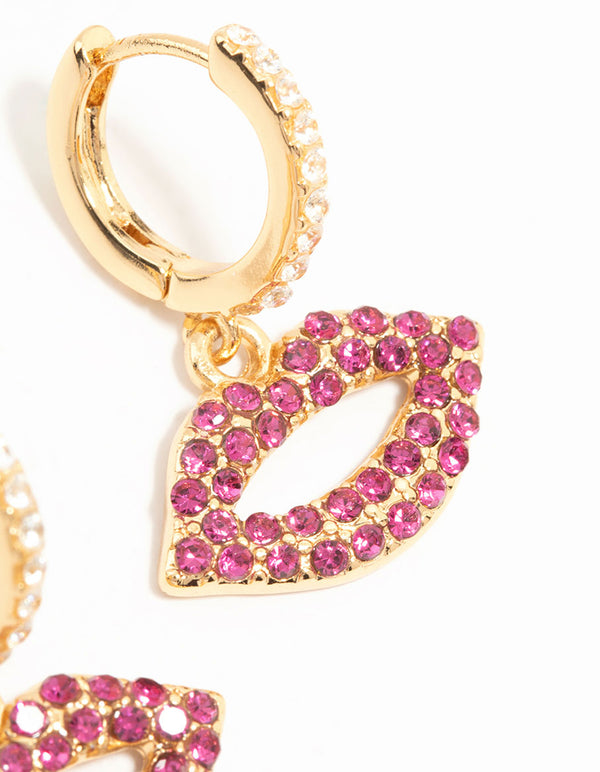 Gold Plated Pink Diamante Lips Huggie Earrings