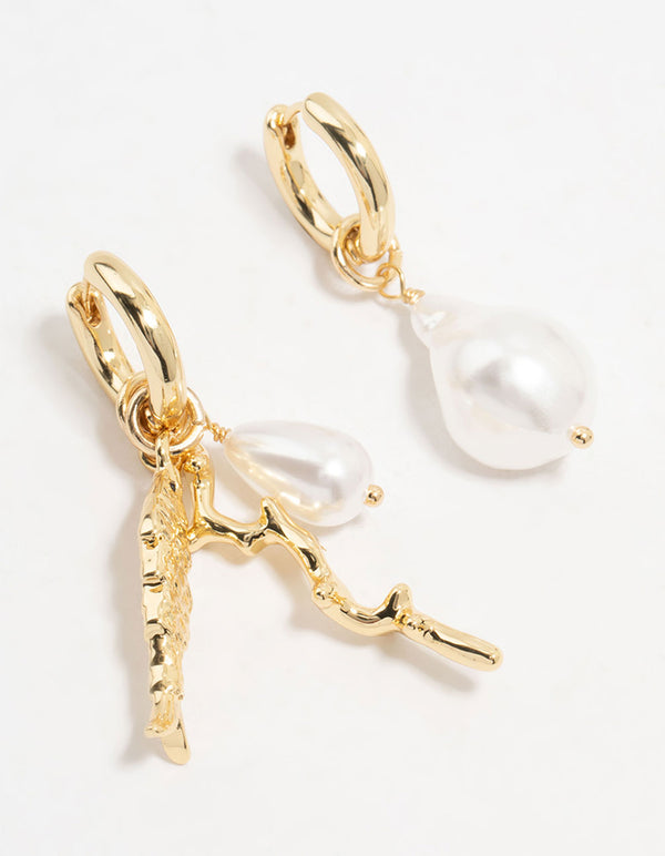 Gold Plated Pearl & Fish Huggie Earrings