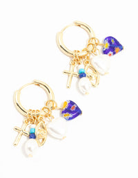 Gold Plated Pearl & Blue Heart Huggie Earrings - link has visual effect only
