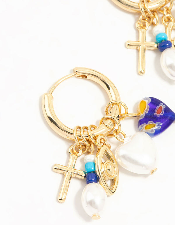 Gold Plated Pearl & Blue Heart Huggie Earrings