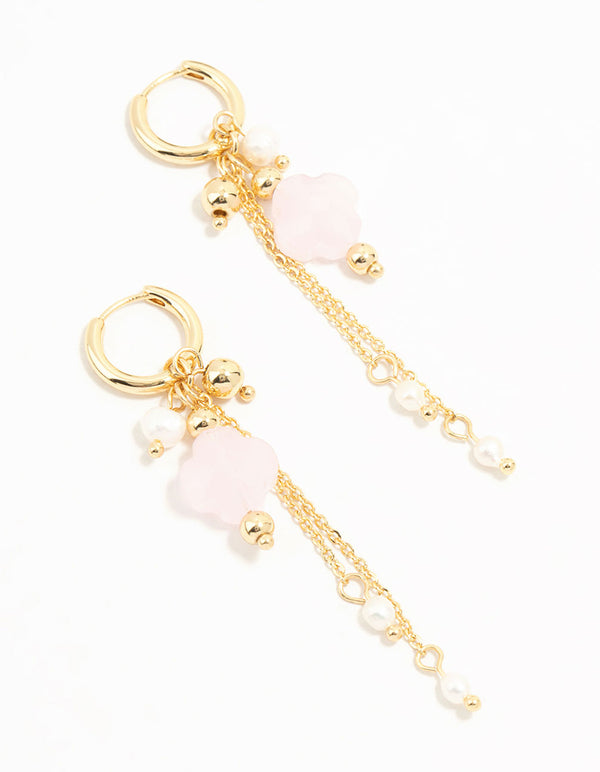 Gold Plated Pink Stone & Pearl Huggie Earrings