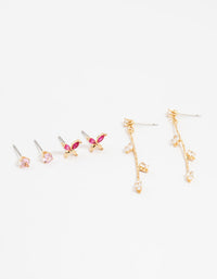 Gold Plated Cubic Zirconia Vine & Butterfly Earrings 3-Pack - link has visual effect only
