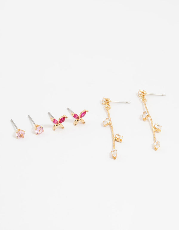 Gold Plated Cubic Zirconia Vine & Butterfly Earrings 3-Pack