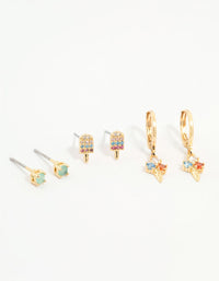 Gold Plated Cubic Zirconia Popsicle & Ice Cream Earrings 3-Pack - link has visual effect only