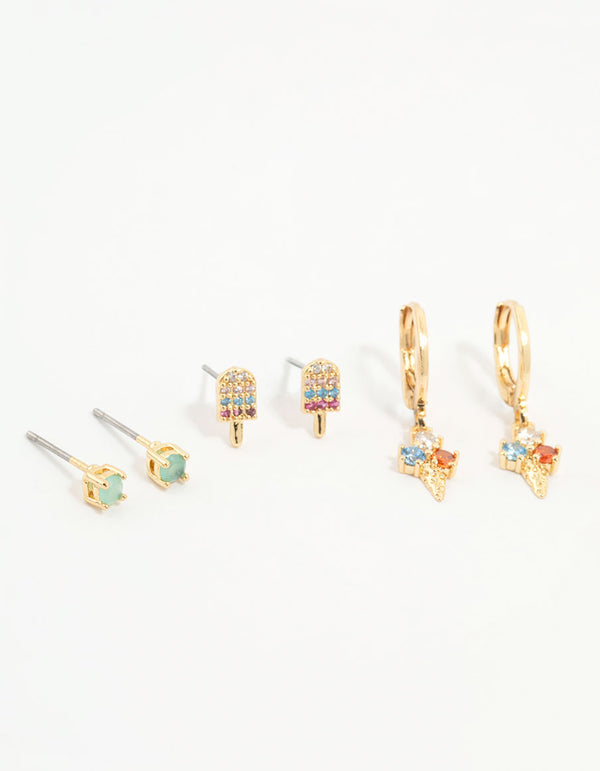 Gold Plated Cubic Zirconia Popsicle & Ice Cream Earrings 3-Pack