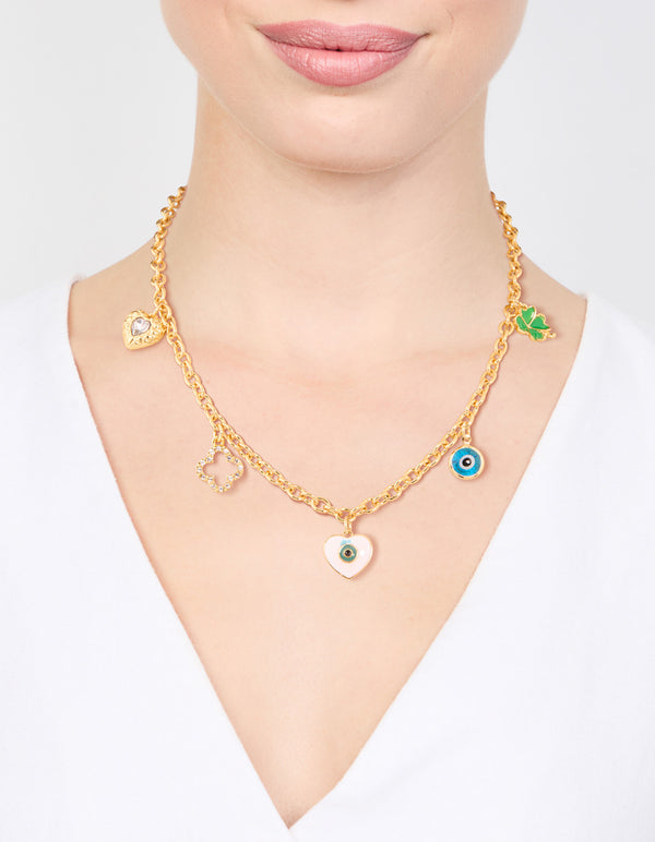 Gold Plated Evil Eye & Clover Charm Necklace