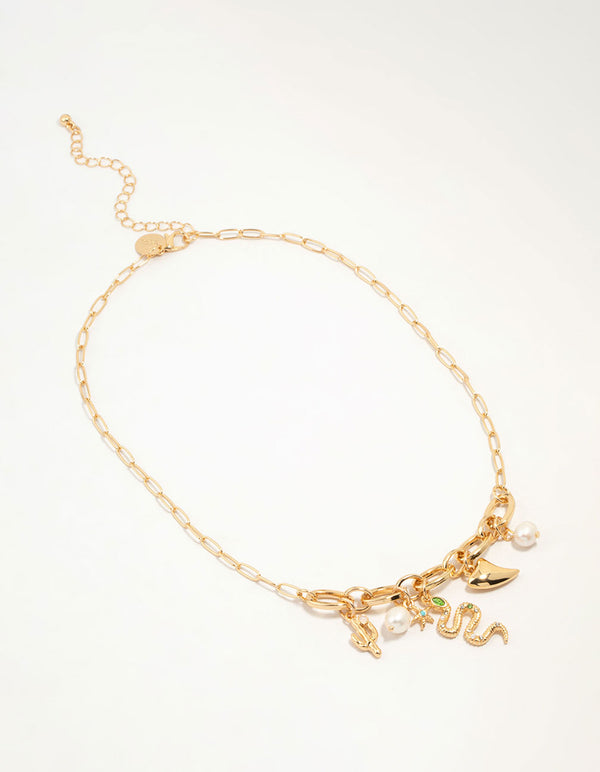 Gold Plated Pearl & Snake Charm Necklace