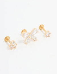 Gold Plated Surgical Steel Cubic Zirconia Bow Flat Back Studs 3-Pack - link has visual effect only