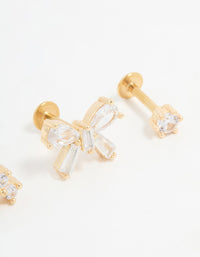 Gold Plated Surgical Steel Cubic Zirconia Bow Flat Back Studs 3-Pack - link has visual effect only