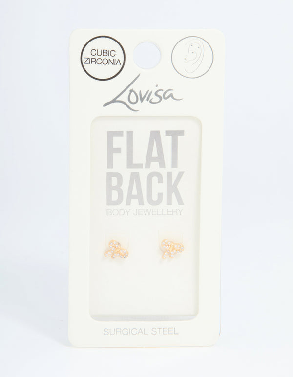 Gold Plated Surgical Steel Cubic Zirconia Pave Bow Flat Back Pair